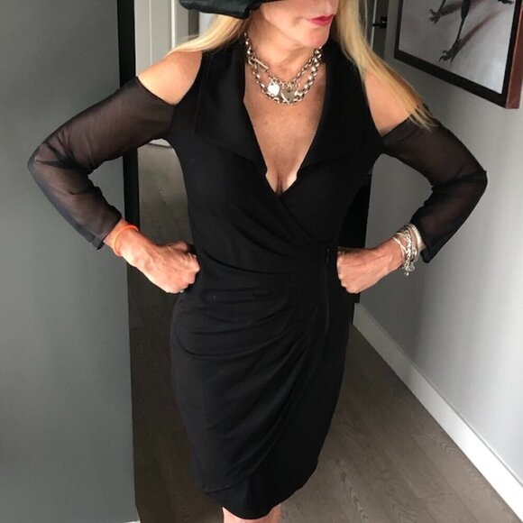 CACHE LBD Cold shoulder collar wrap Midi Dress zipper & gathers Stretch body S - Picture 2 of 15